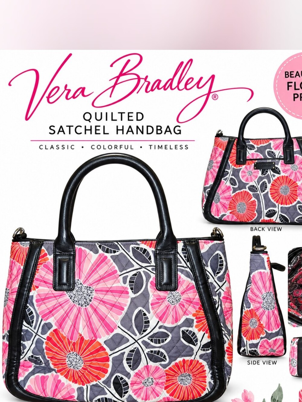 Vera Bradley Floral Quilted Satchel Handbag Pink Gray Black Structured Tote